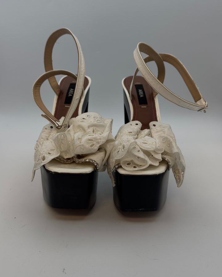 Ivory White Eyelet Ruffle Monogram Platform Sandal - Size 39