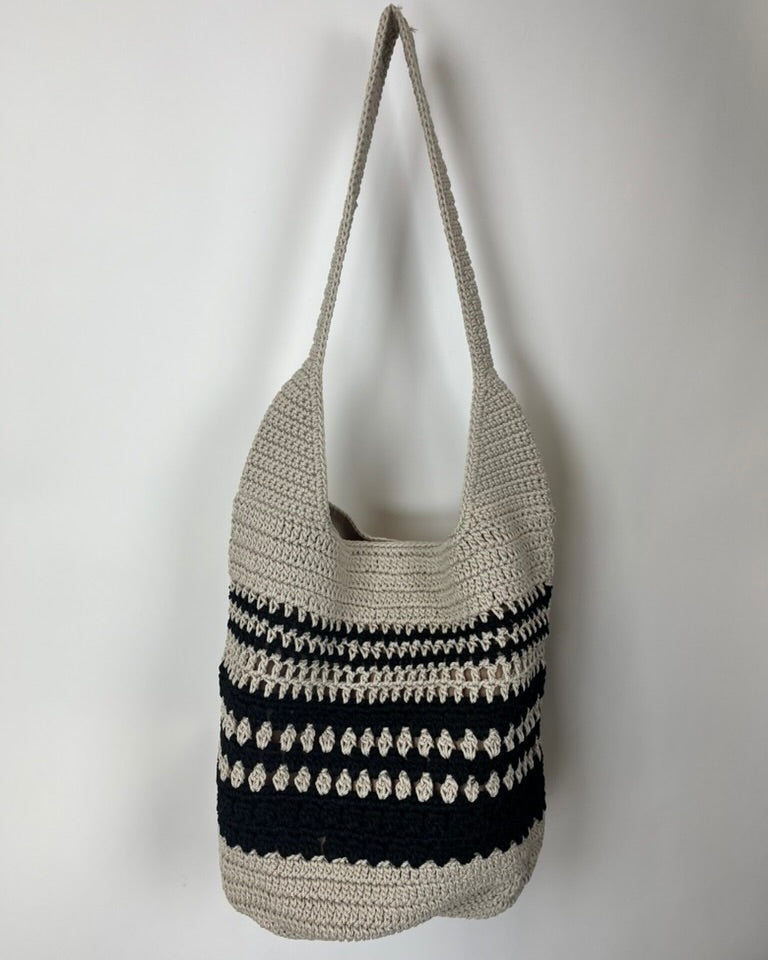 Beige and Black Crochet Bucket Tote Bag