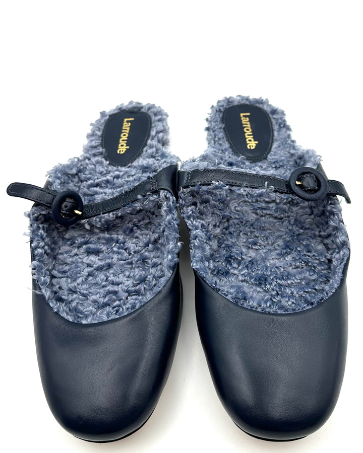 Navy Blue Leather Flat Mule - Size 6.5