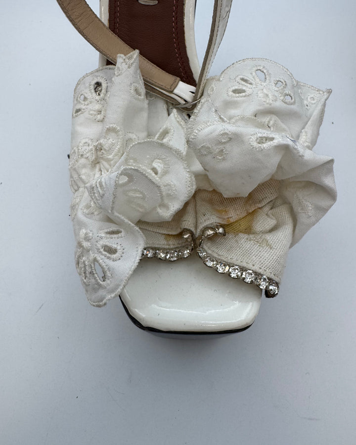 Ivory White Eyelet Ruffle Monogram Platform Sandal - Size 39