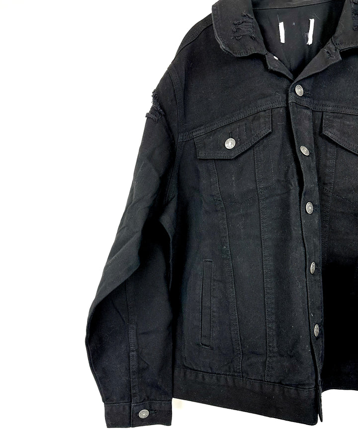 Black Slightly Distressed Denim Jacket - 2X