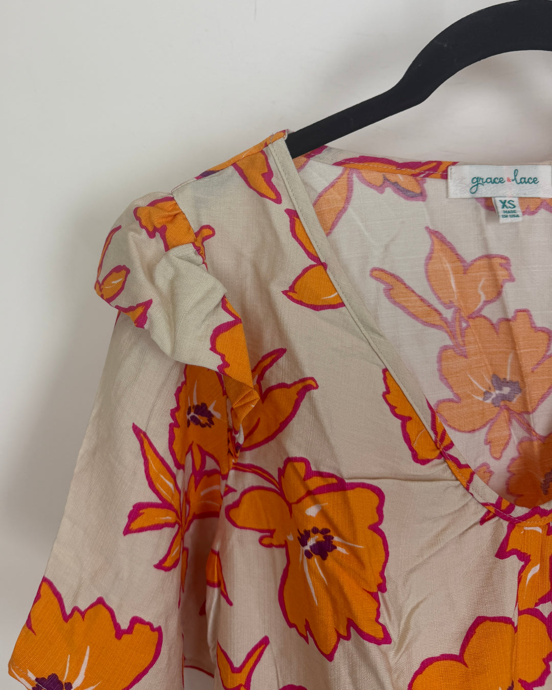 Orange & Pink Floral Short Sleeve Shirt - Size 4/6