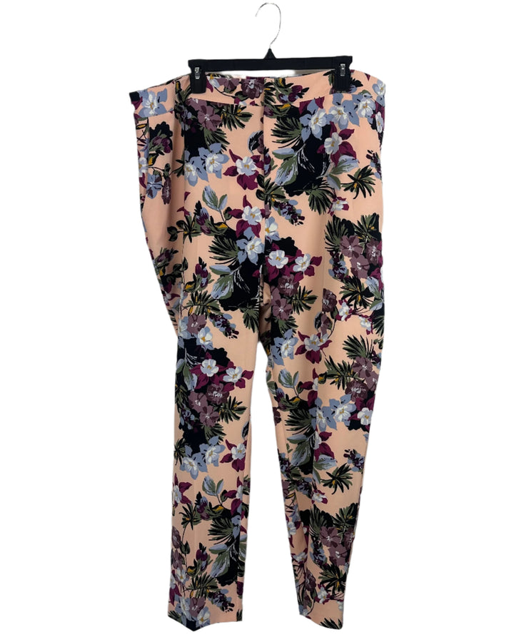 Peach Floral Print Tailored Pants - Size 2X