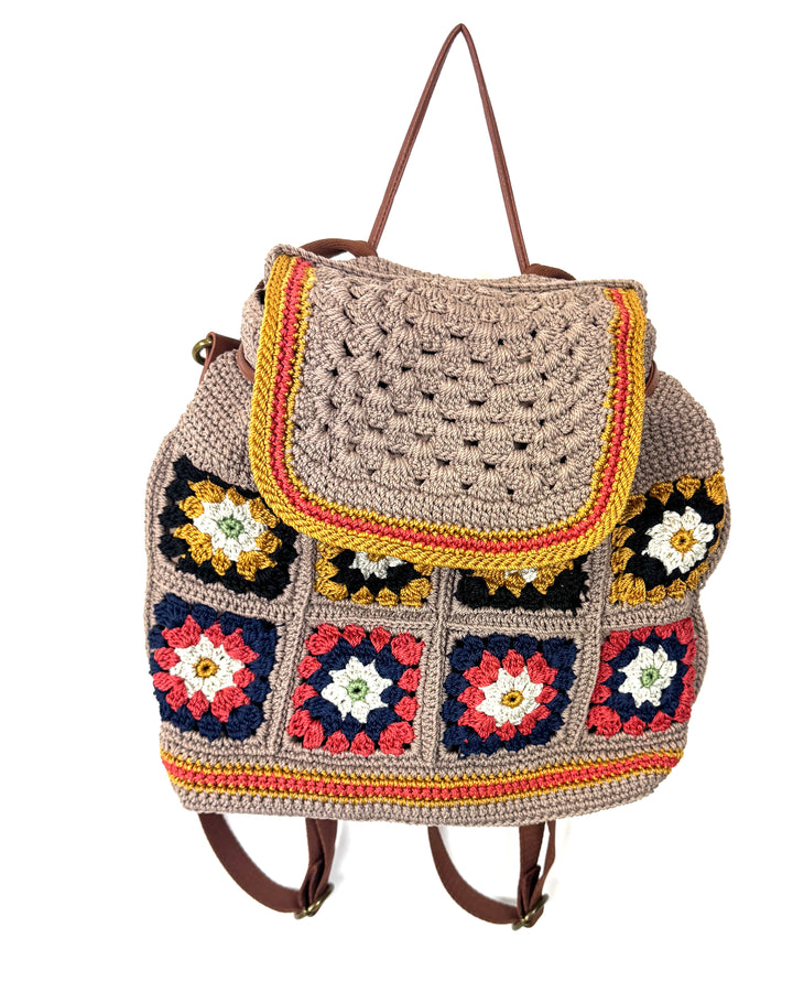 Beige Backpack With Crochet Patchwork