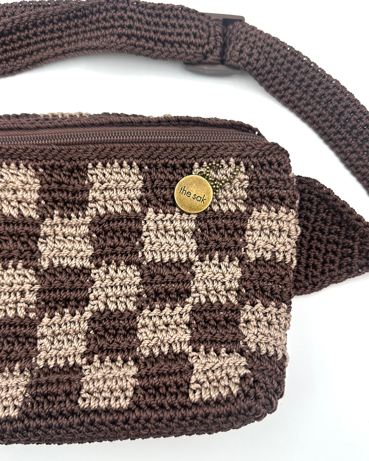 Brown Checkered Crochet Belt Bag