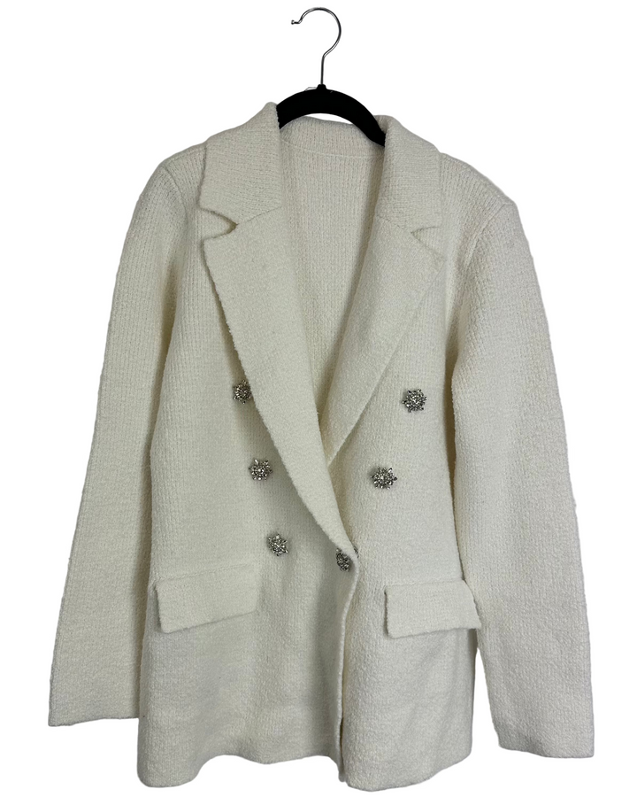White Fuzzy Rhinestone Cardigan - Size 6/8