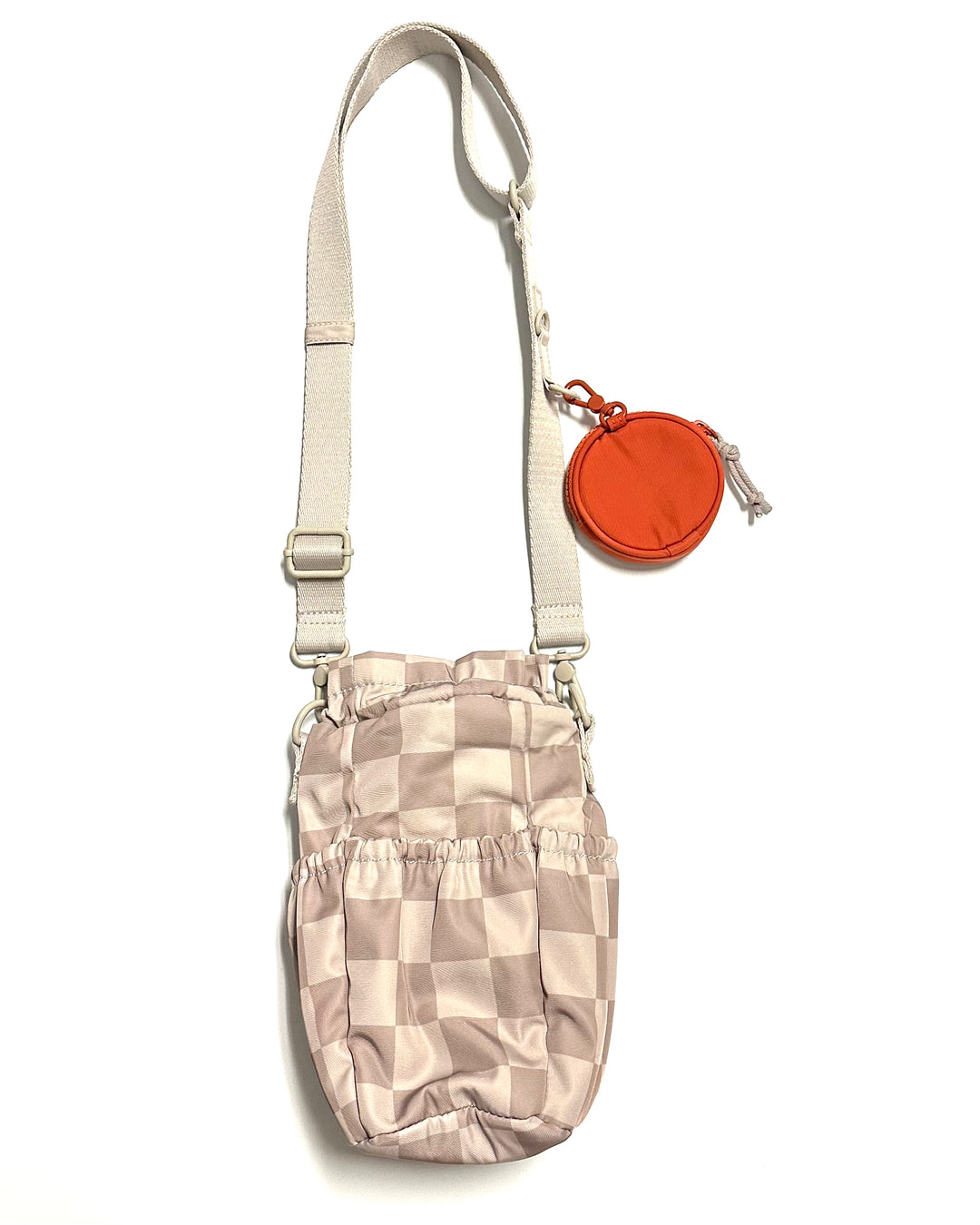 Beige and Ivory Checkerboard Drawstring Bag