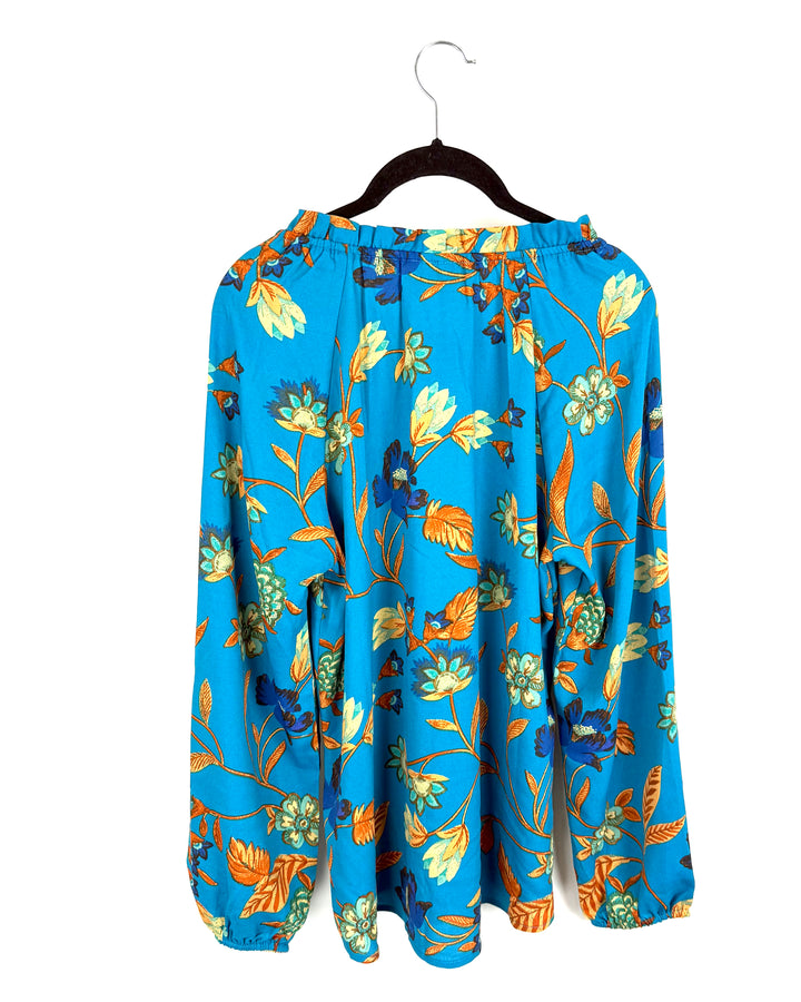 Teal Floral Ruffle Neck Long Sleeve Top- Size 6/8