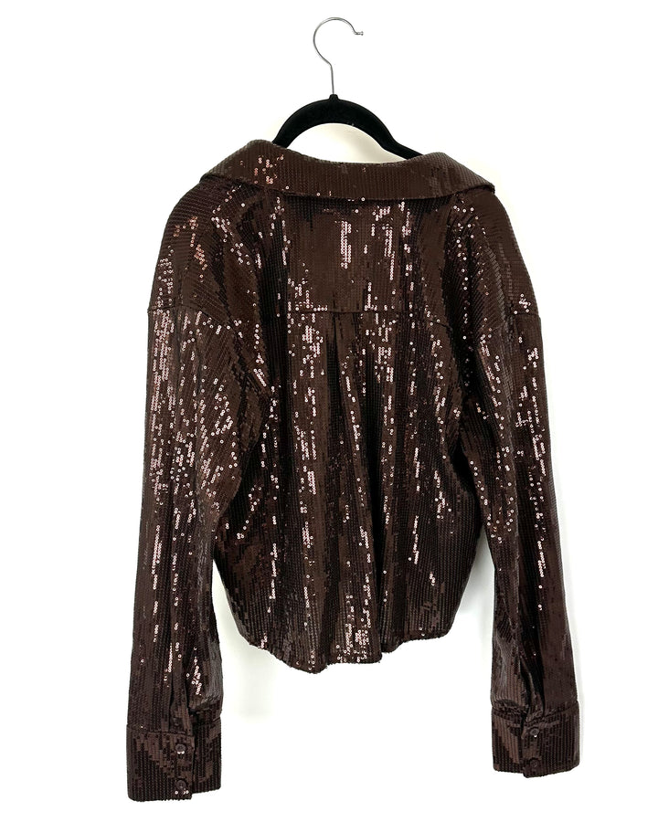 Brown Sequin Cropped Button Down - Size 8/10
