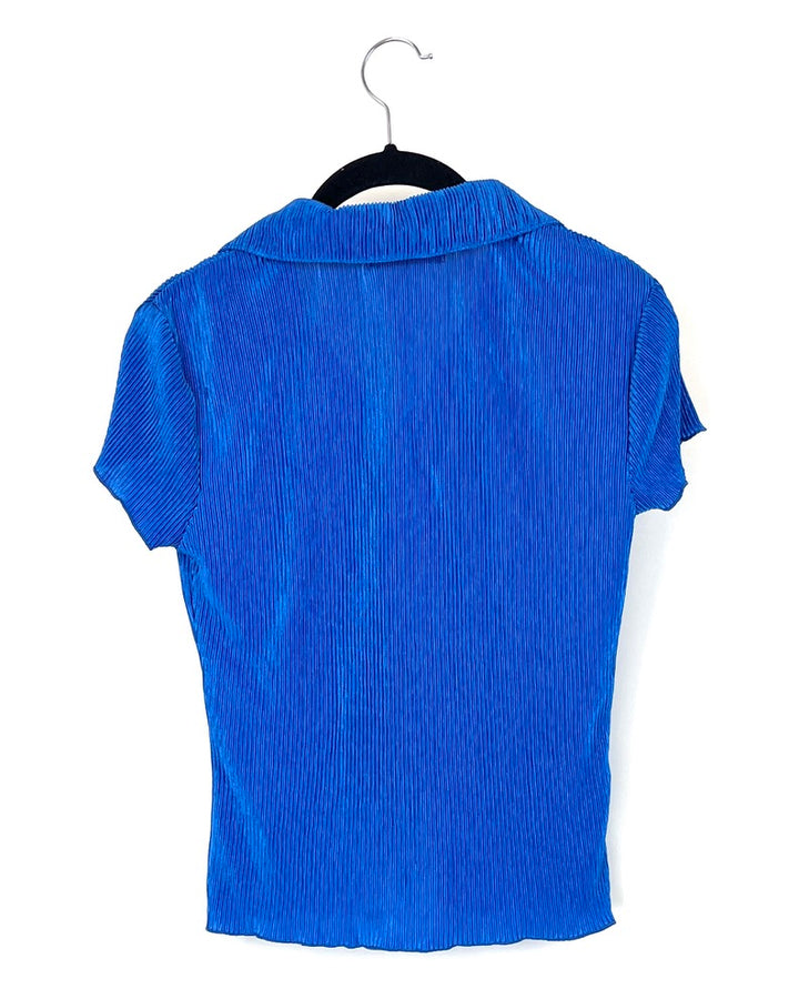 Dark Blue Short Sleeve Plissé Button-Up Top - Size 2/4