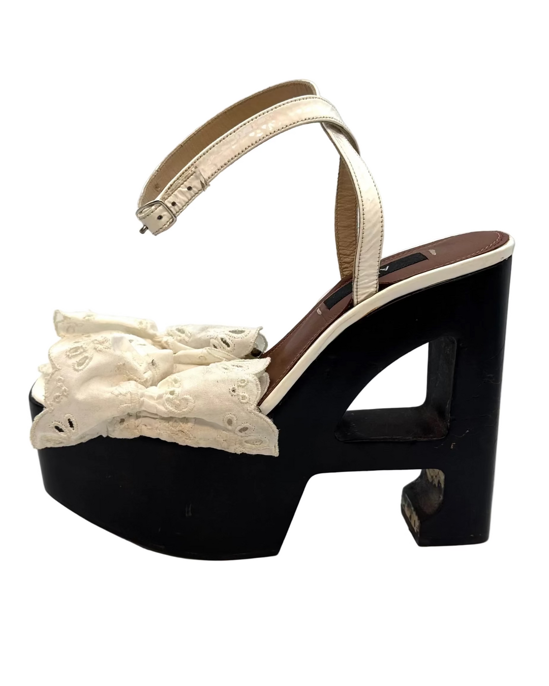 Ivory White Eyelet Ruffle Monogram Platform Sandal - Size 39