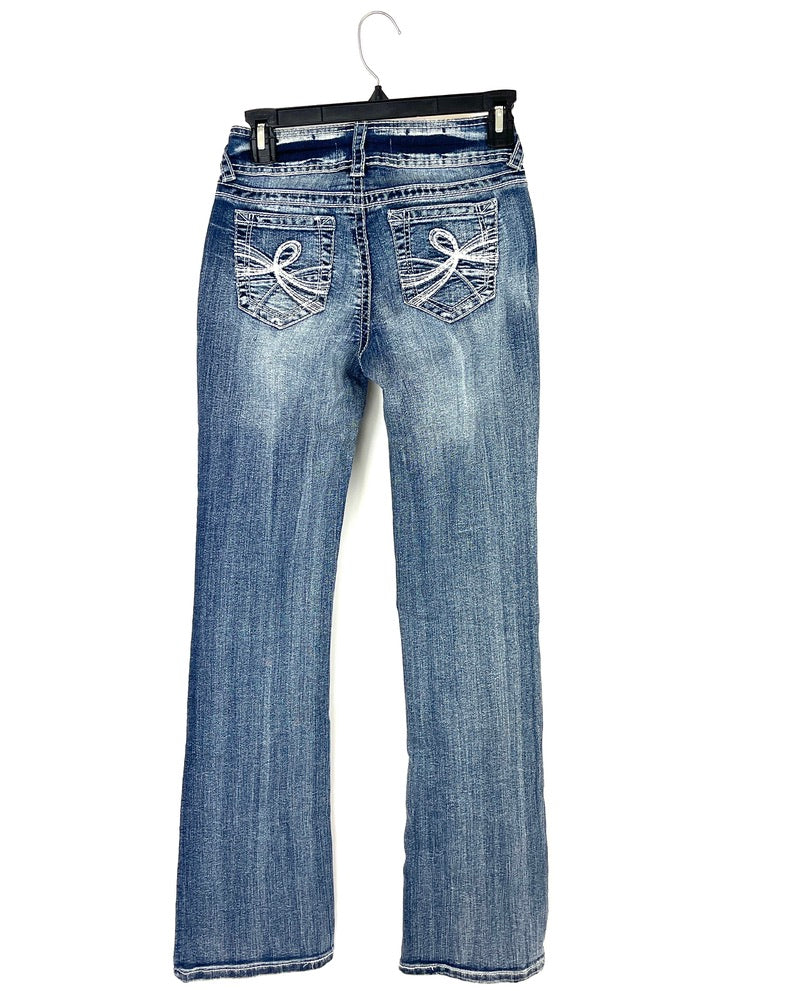 Mid-Rise Blue Bootcut Jeans with White Stitching - Size 0/2