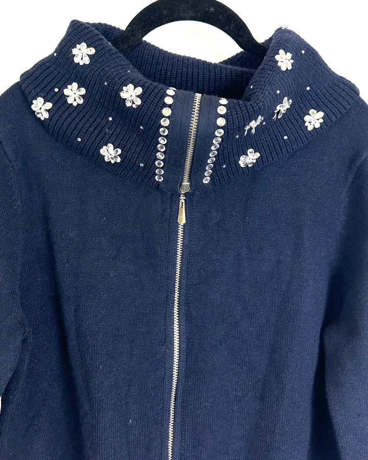 Navy Blue Zip Up Knit Sweater - Size 4/6