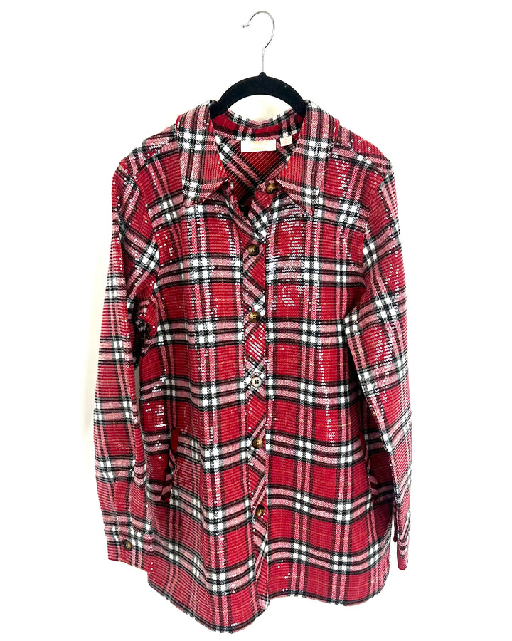 Red and Black Plaid Sequin Button Down - Size 6/8