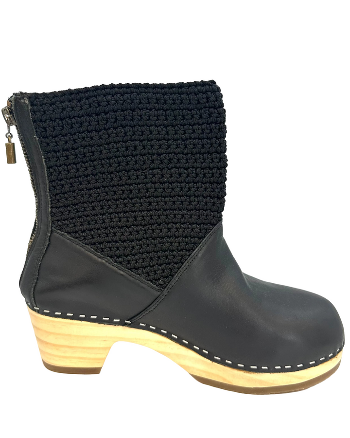 Black Leather & Crochet Clog Boots - Size 6-11