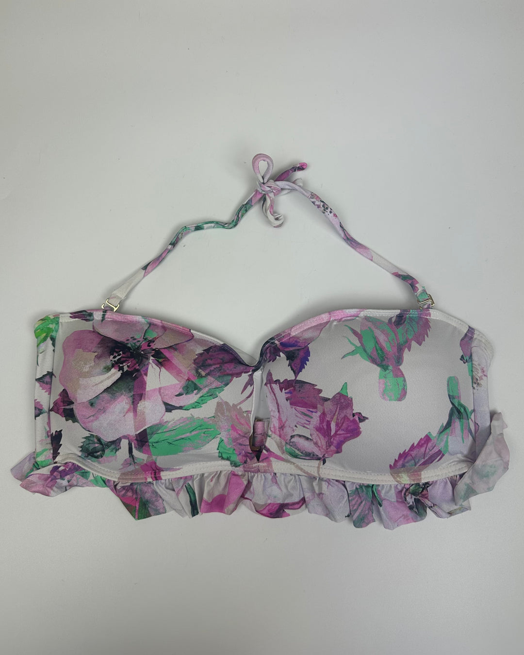 Purple Floral and White Ruffle Bikini Top - Small & Extra Large D Cup