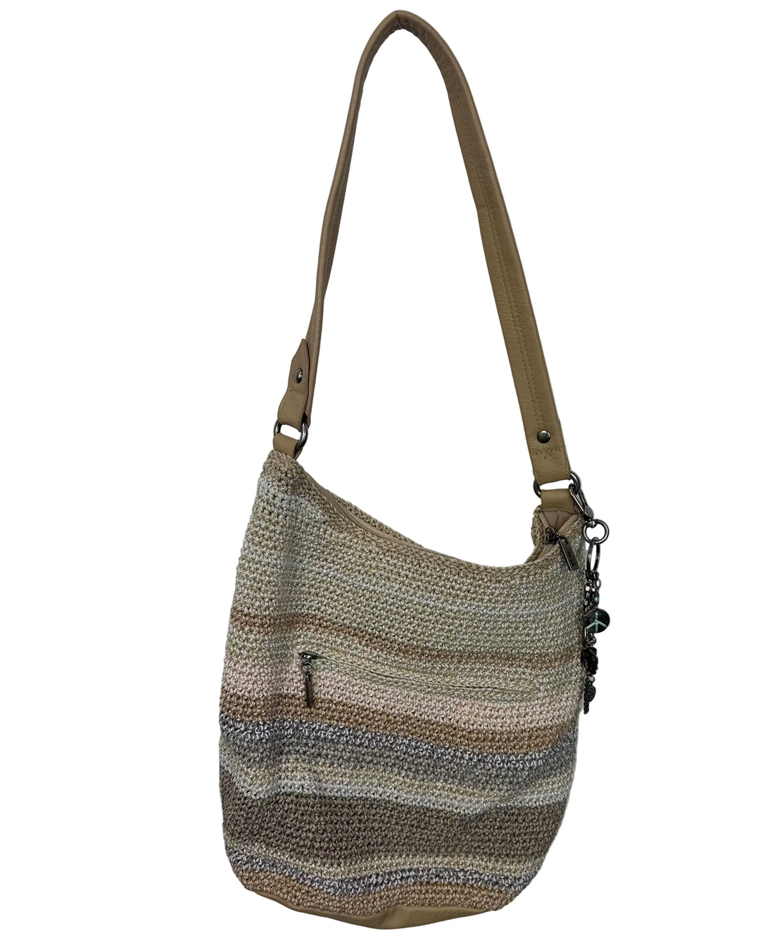 Beige Striped Crochet Slouch Bag
