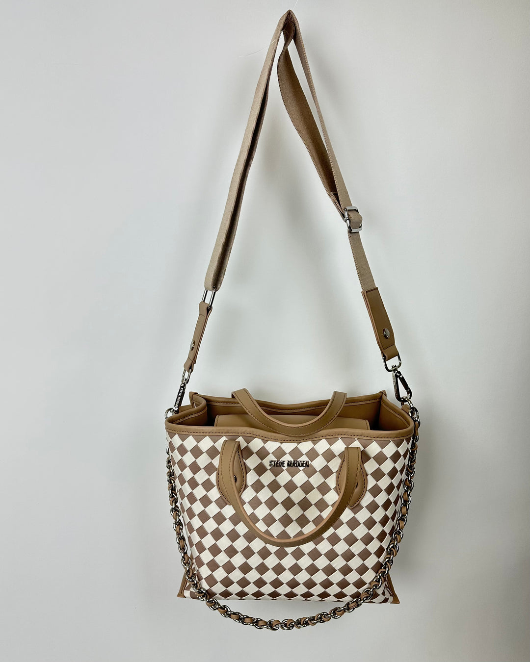 Beige And white Checkered Print Tote Bag