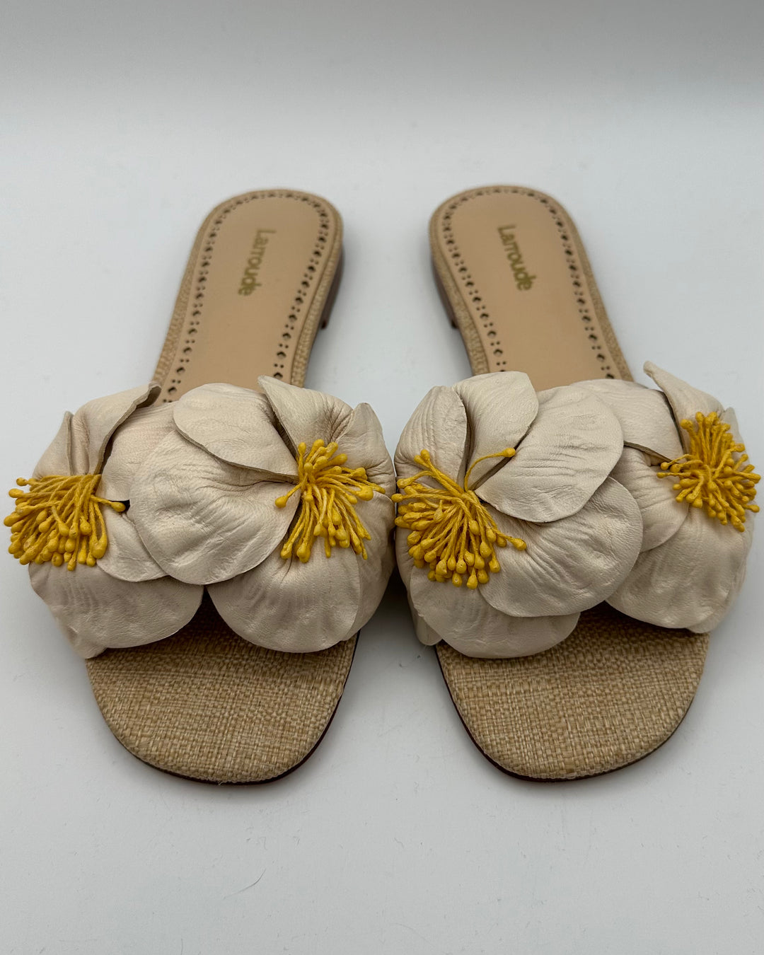 Ivory and Raffia Floral Sandals - Size 6.5