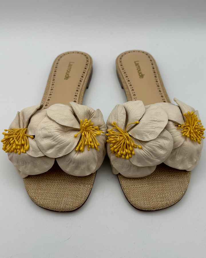 Ivory and Raffia Floral Sandals - Size 6.5