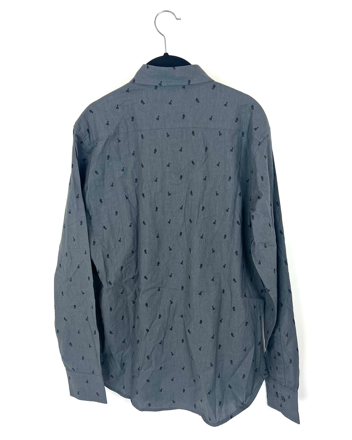 MENS Grey and Black Chess Piece Button Up Shirt - Slim Fit Medium
