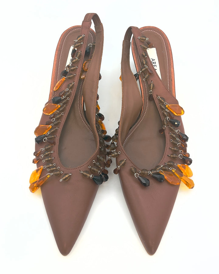 Chestnut Brown Leather Beaded Heels - Size 40