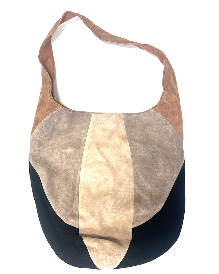 Beige and Black Color Block Suede Bucket Bag