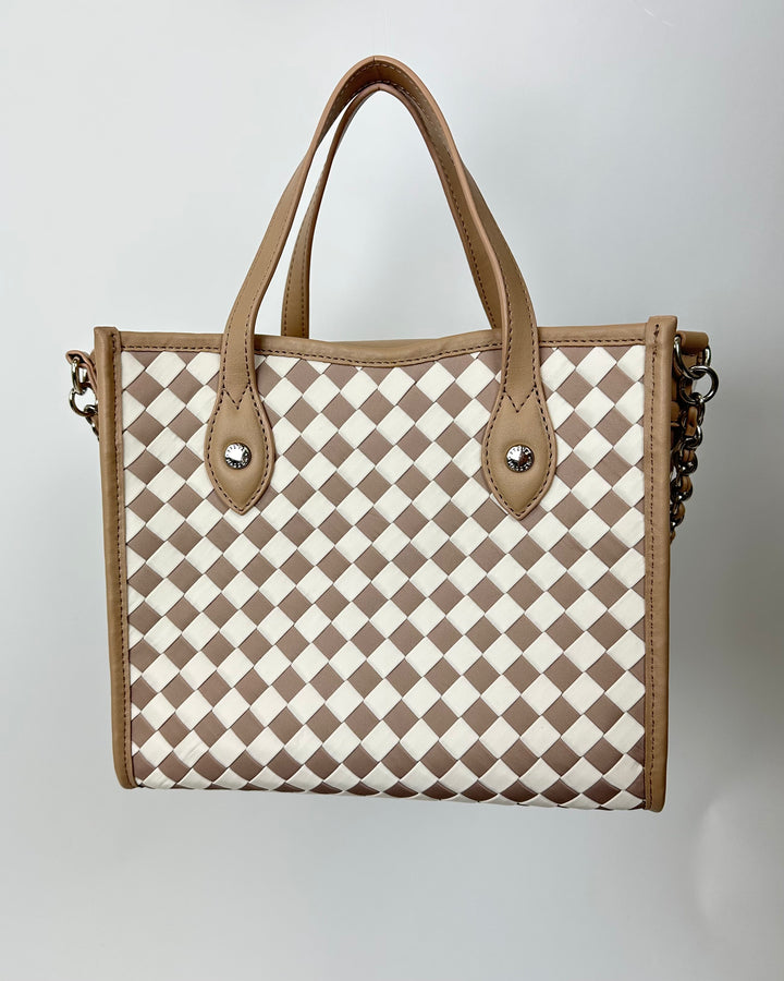 Beige And white Checkered Print Tote Bag
