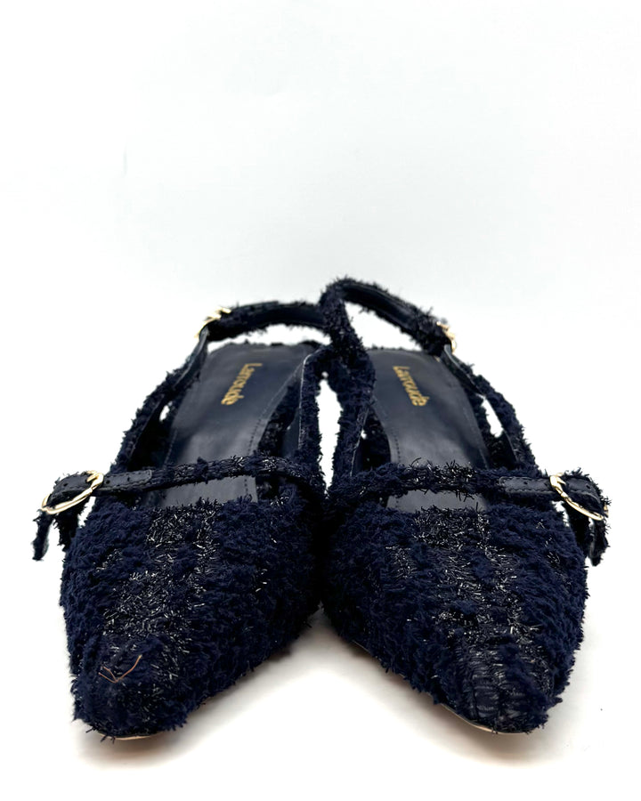 Navy Blue Tweed Kitten Heels - Size 6.5