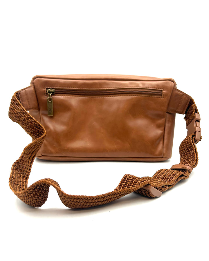 White and Black Striped Leather Brown Belt Bag