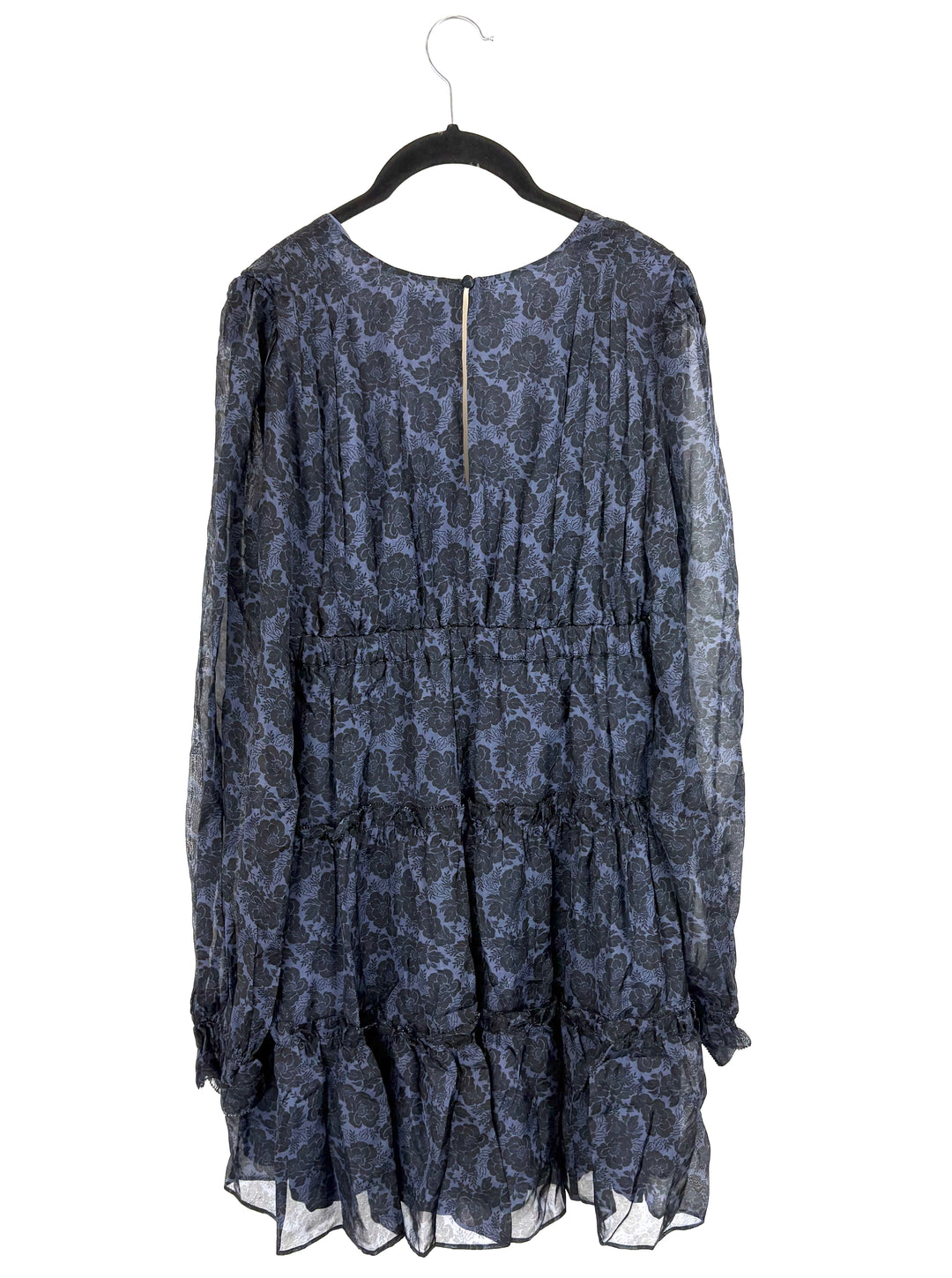 Navy Blue Floral Mesh Long Sleeve Dress - Small And Medium