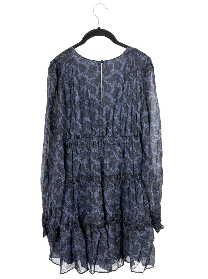 Navy Blue Floral Mesh Long Sleeve Dress - Small And Medium