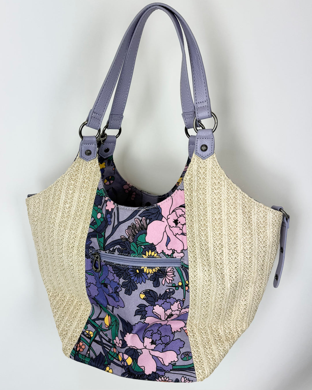 Purple Floral And Raffia Tote Bag