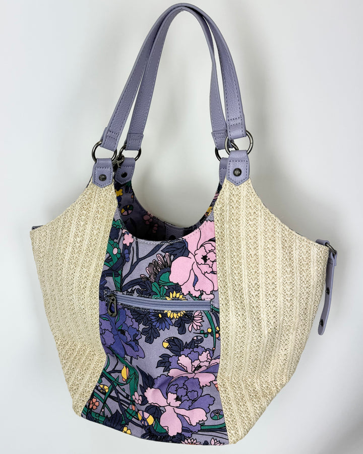 Purple Floral And Raffia Tote Bag