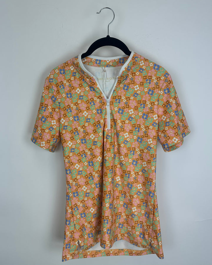 Orange Floral Zip Up Top - Size 2/4