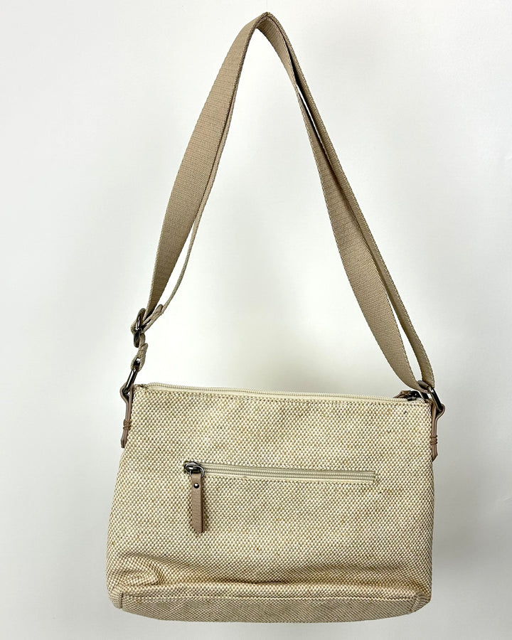 Beige Owl and Floral Embroidered Woven Crossbody Bag
