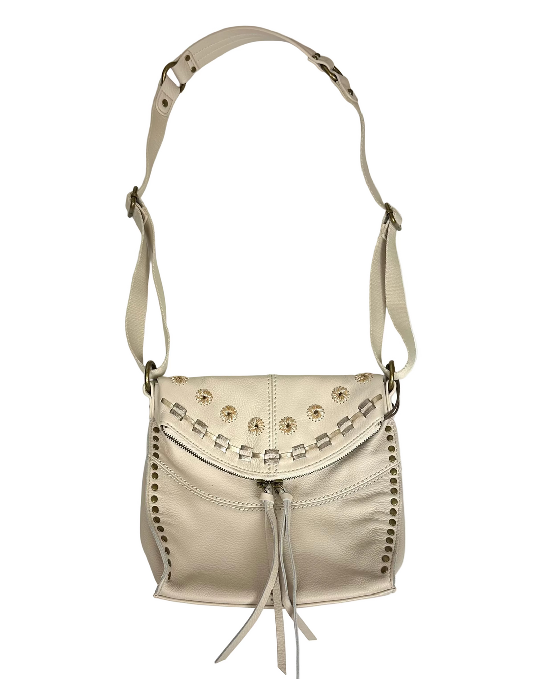 Ecru White Embellished Leather Saddle Bag