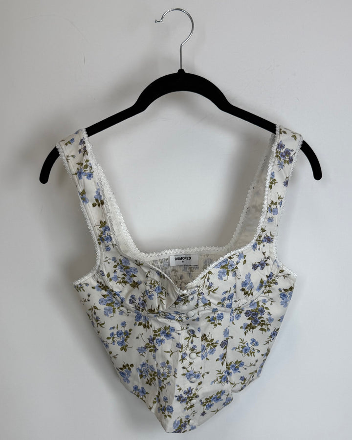 White and Blue Floral Top- Size 0/2,2/4