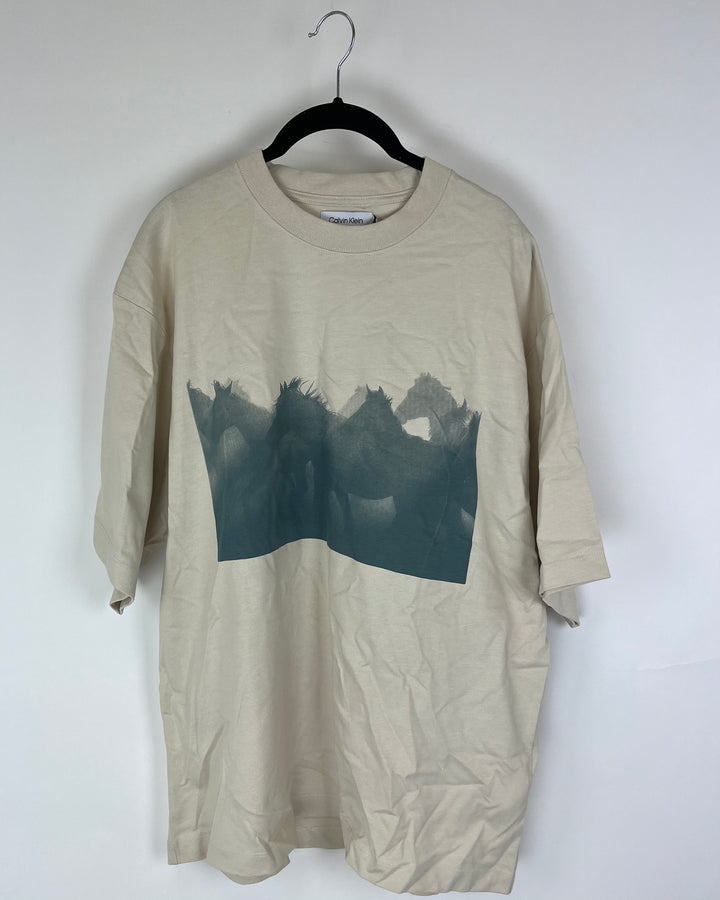 MENS Beige Brown Horse Design Tee - Medium