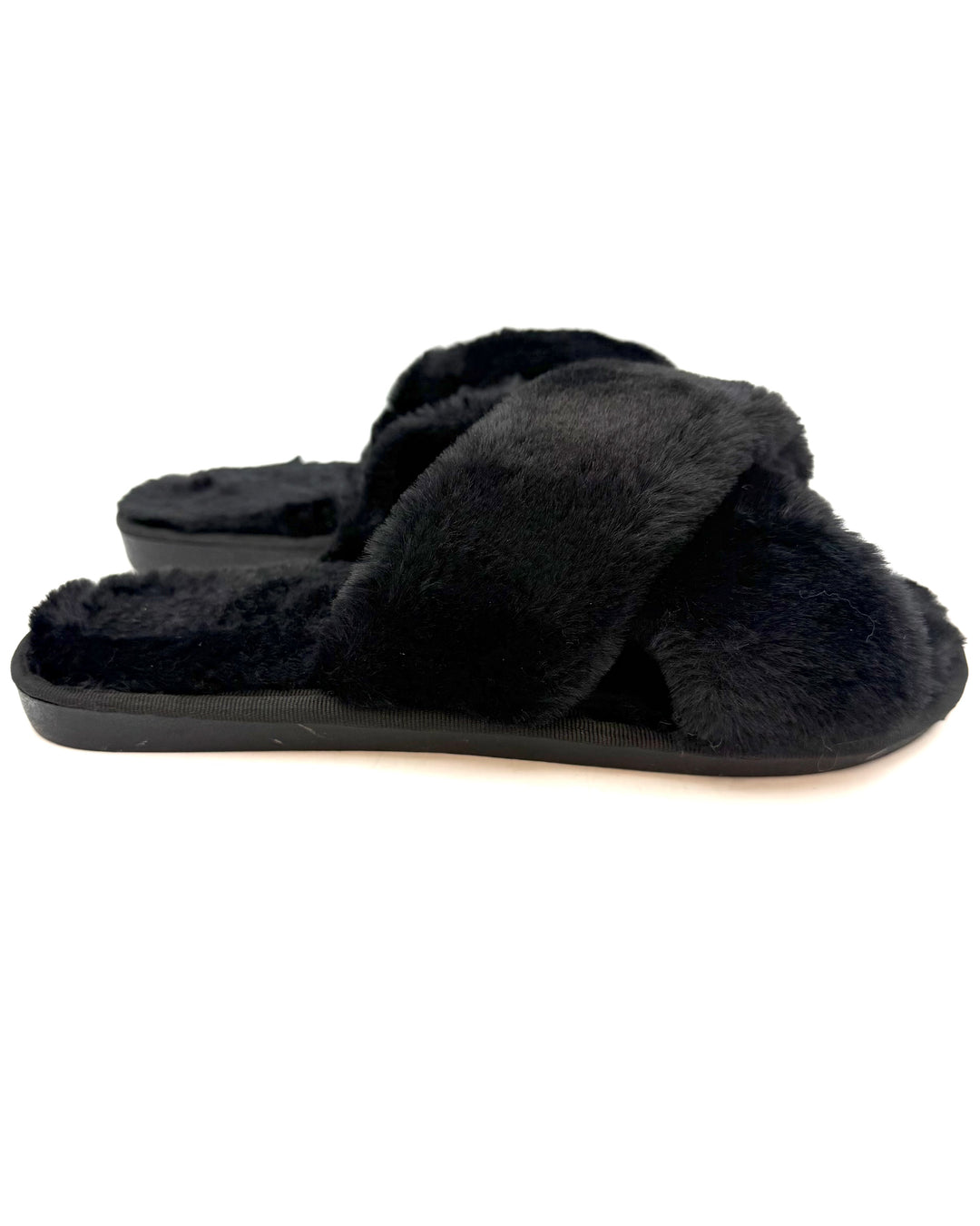 Open Toe Black Plush Slippers - Size 7
