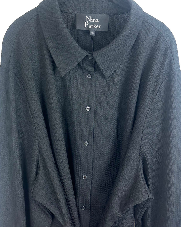 Black Waffle Knit Wrap Blouse - Size 2x