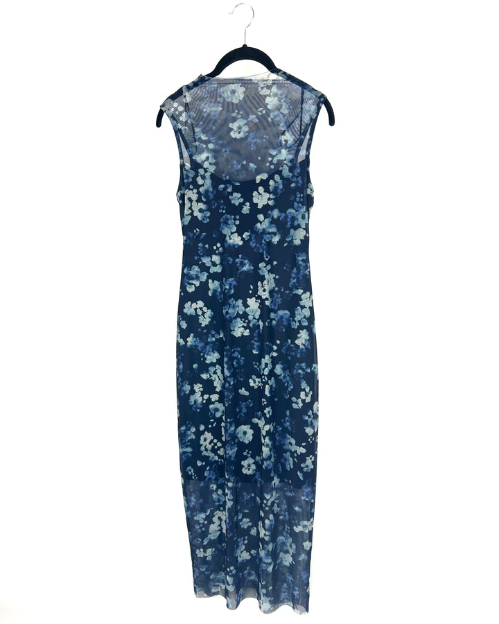 Mesh Blue Floral High-neck Dress - Size 4/6