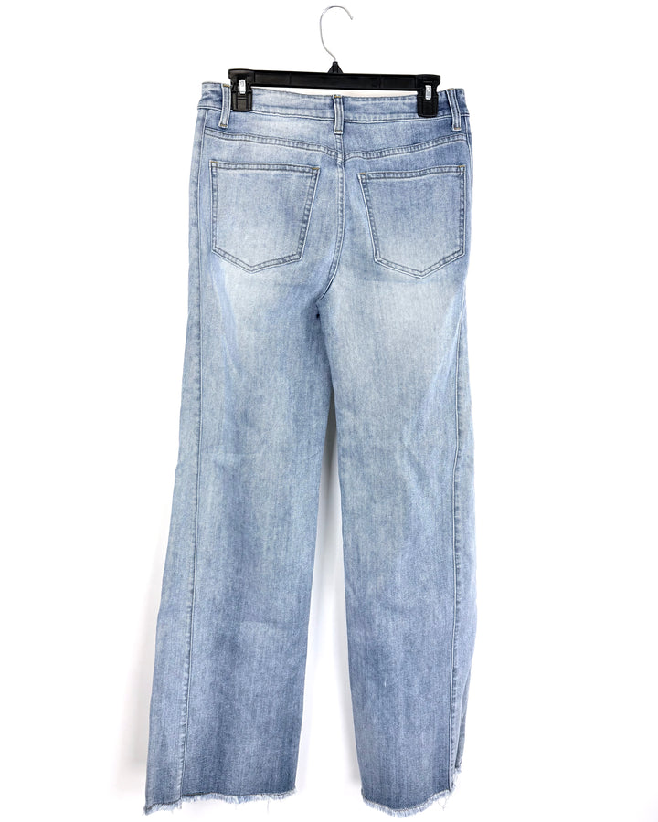 Stone-Wash Faded Blue Frayed Hem Straight Wide-Leg Jeans - Size 4/6