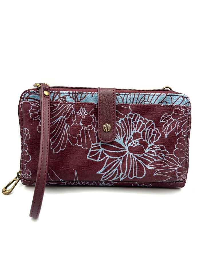 Burgundy Floral Pattern Crossbody Bag / Wristlet