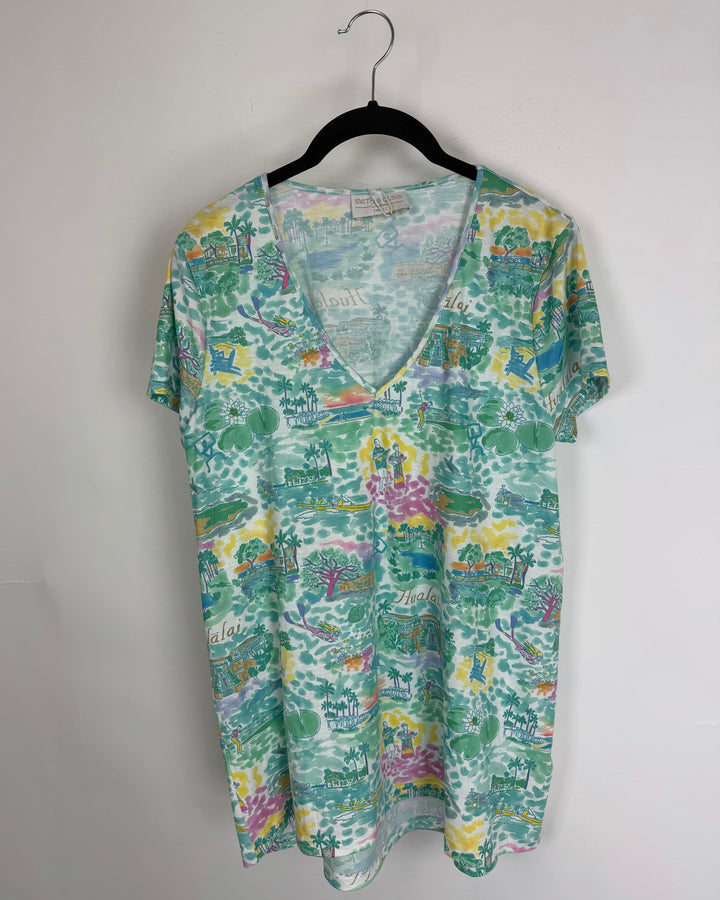 Teal Hawaiian Print T-Shirt - Size 2/4 and 4/6