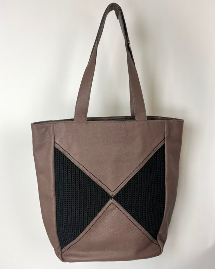 Brown Leather Crochet Tote Bag