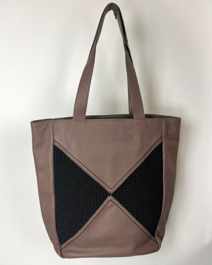 Brown Leather Crochet Tote Bag