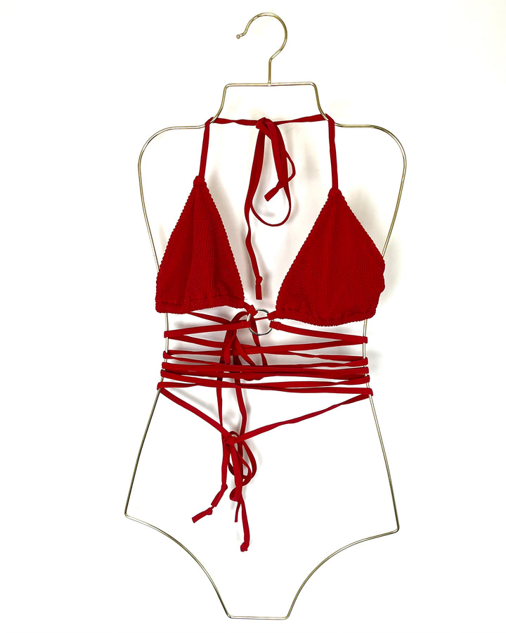 Red Textured Strappy Bikini Top - M, L, XL