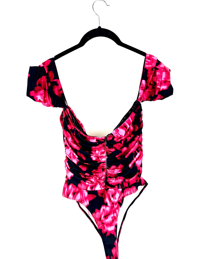 Pink Floral Off-The-Shoulder Ruched Bodysuit - Extra Small, Small, And Medium