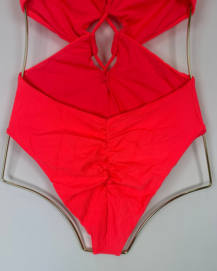 Neon Coral Front Cut Out One Piece Swimsuit - Small